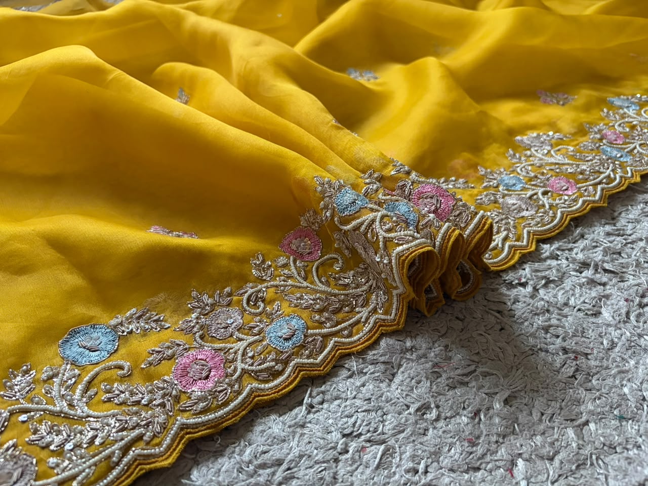 Yellow Premium Pure Organza Silk saree embellished with intricate zardozi handwork & heavy zardozi handwork bp