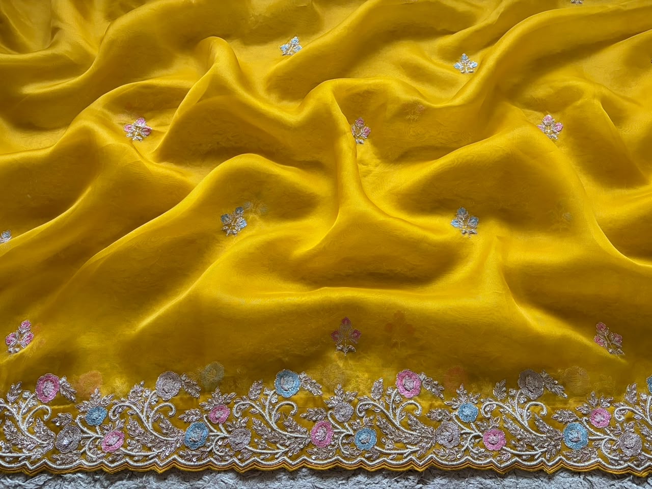 Yellow Premium Pure Organza Silk saree embellished with intricate zardozi handwork & heavy zardozi handwork bp
