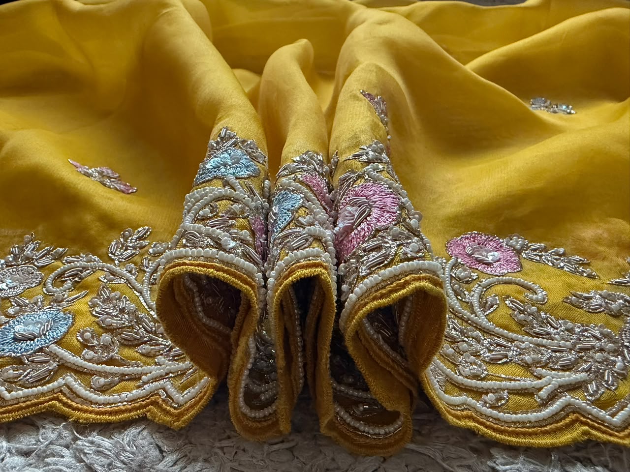 Yellow Premium Pure Organza Silk saree embellished with intricate zardozi handwork & heavy zardozi handwork bp