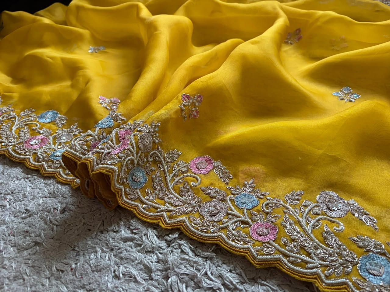 Yellow Premium Pure Organza Silk saree embellished with intricate zardozi handwork & heavy zardozi handwork bp