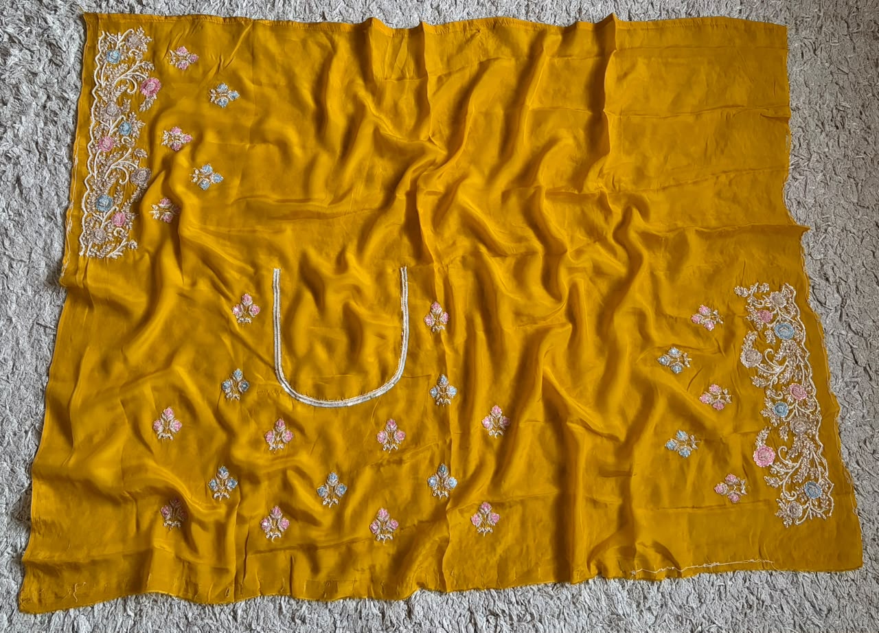 Yellow Premium Pure Organza Silk saree embellished with intricate zardozi handwork & heavy zardozi handwork bp
