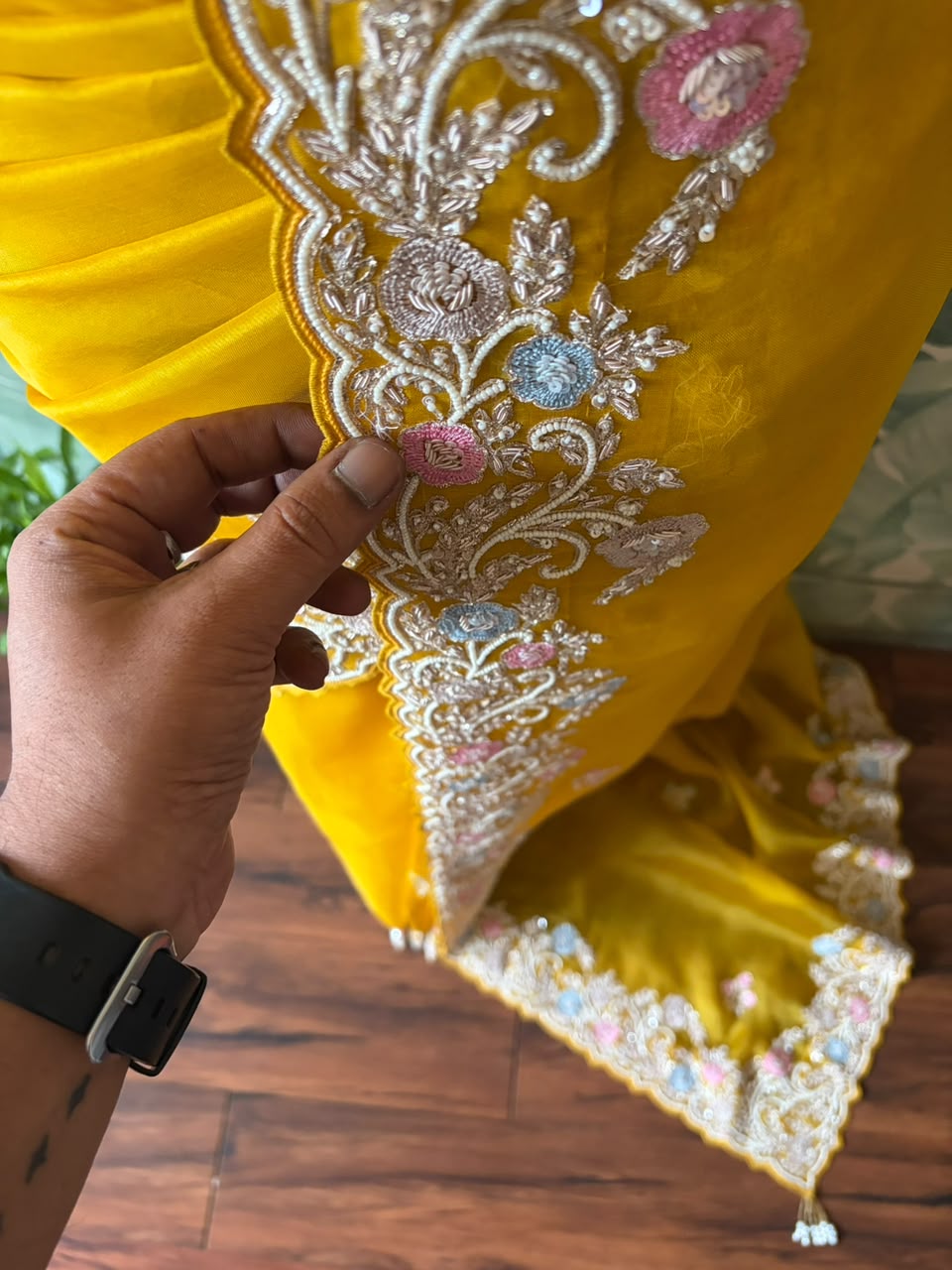 Yellow Premium Pure Organza Silk saree embellished with intricate zardozi handwork & heavy zardozi handwork bp