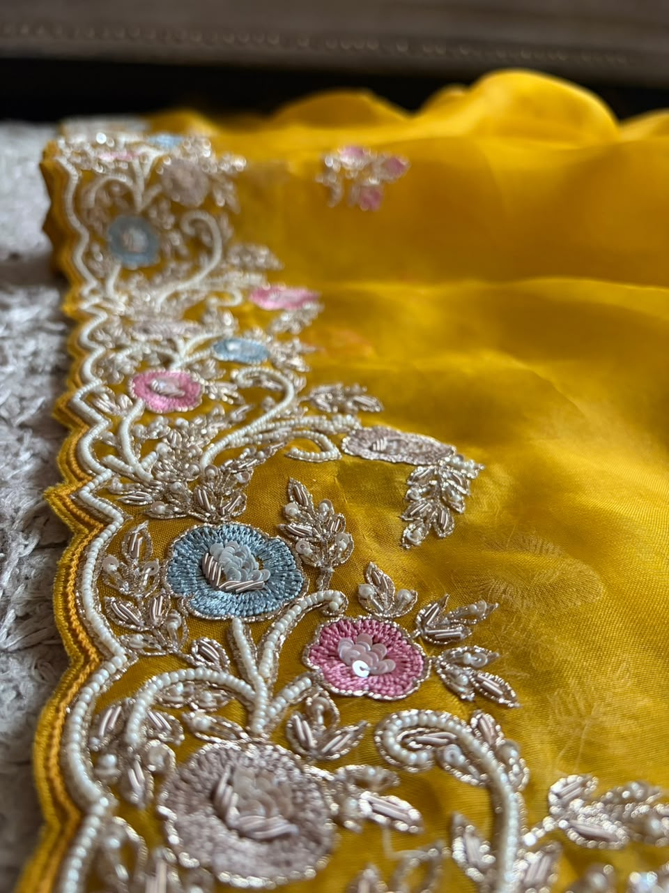 Yellow Premium Pure Organza Silk saree embellished with intricate zardozi handwork & heavy zardozi handwork bp