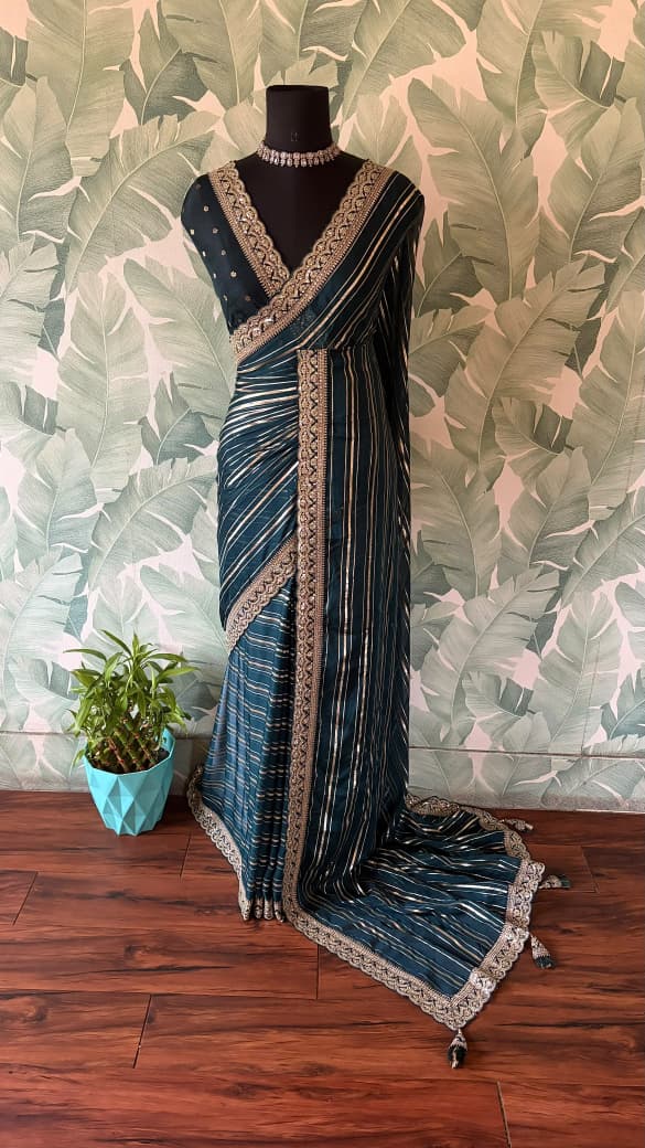 Premium Pure Organza Silk Teal Green saree with zari weaving stripes & SabyaSachi inspired scalloped Zari lace border & brocade banarsi Zari weaving bp
