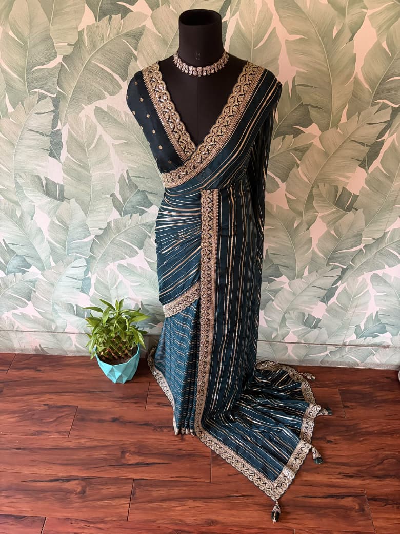 Premium Pure Organza Silk Teal Green saree with zari weaving stripes & SabyaSachi inspired scalloped Zari lace border & brocade banarsi Zari weaving bp
