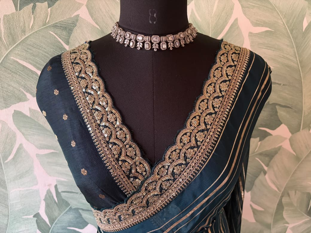 Premium Pure Organza Silk Teal Green saree with zari weaving stripes & SabyaSachi inspired scalloped Zari lace border & brocade banarsi Zari weaving bp