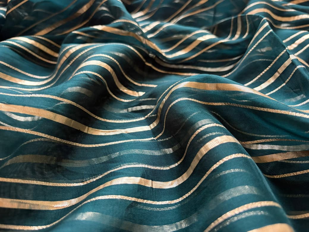 Premium Pure Organza Silk Teal Green saree with zari weaving stripes & SabyaSachi inspired scalloped Zari lace border & brocade banarsi Zari weaving bp