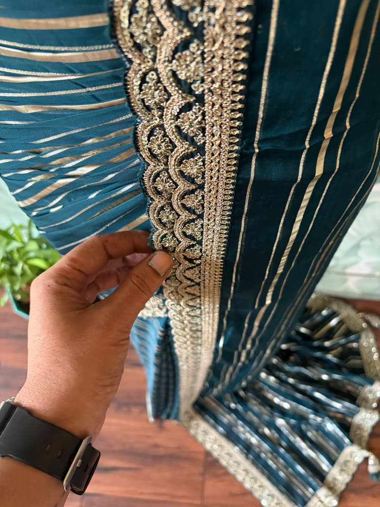 Premium Pure Organza Silk Teal Green saree with zari weaving stripes & SabyaSachi inspired scalloped Zari lace border & brocade banarsi Zari weaving bp