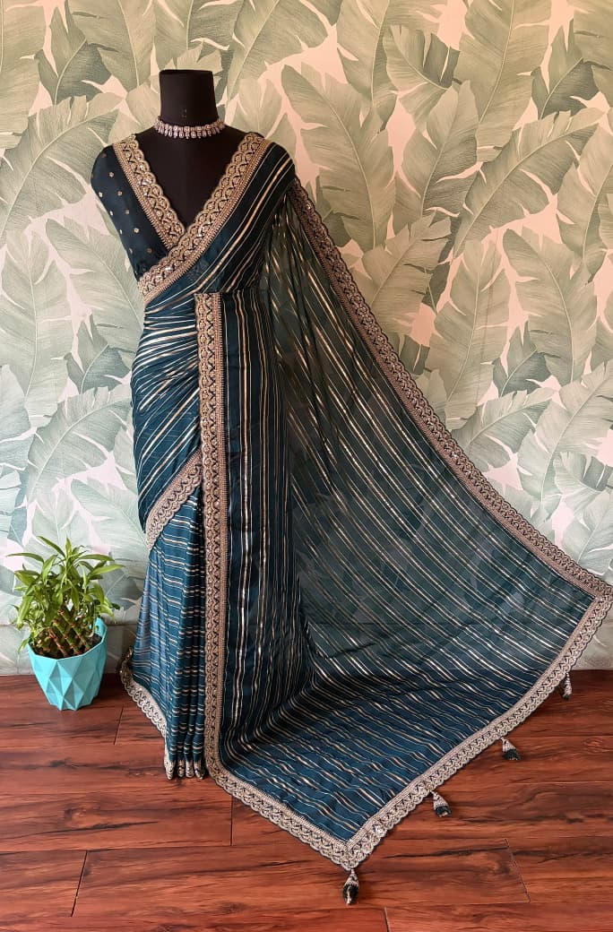 Premium Pure Organza Silk Teal Green saree with zari weaving stripes & SabyaSachi inspired scalloped Zari lace border & brocade banarsi Zari weaving bp