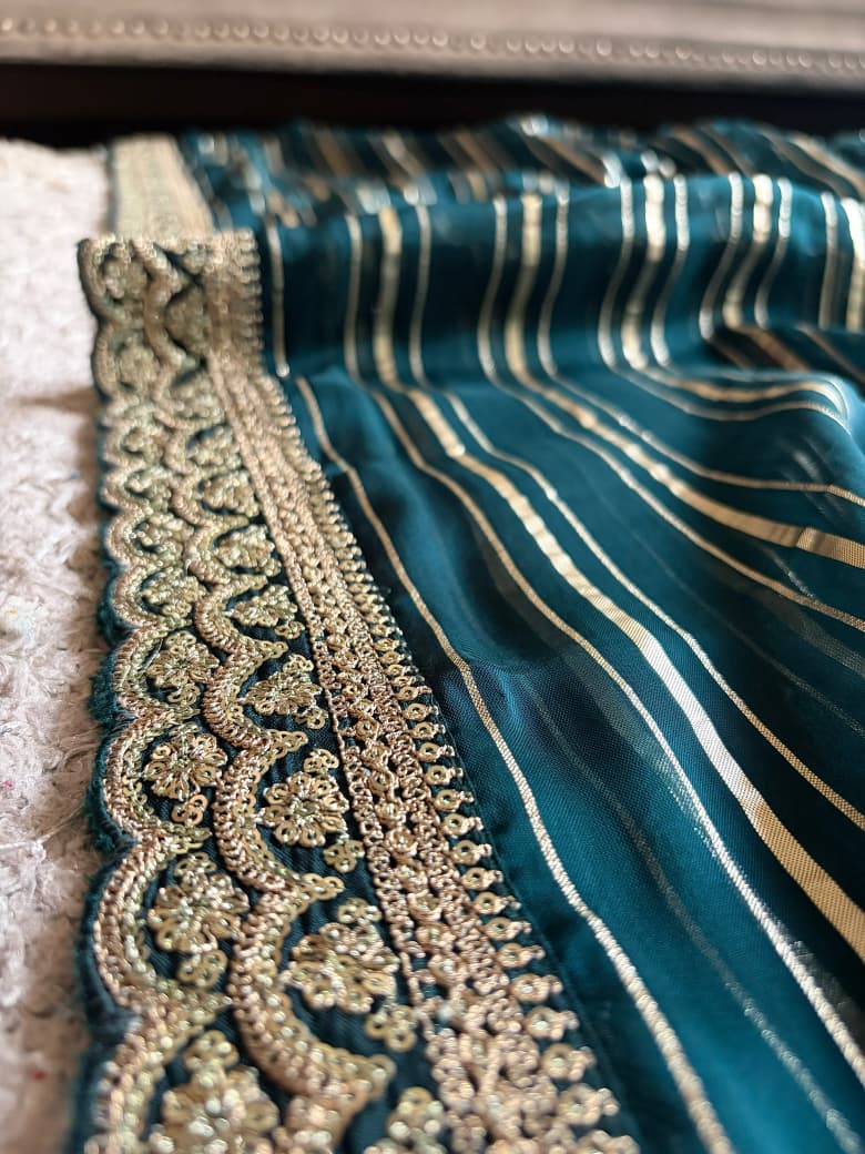 Premium Pure Organza Silk Teal Green saree with zari weaving stripes & SabyaSachi inspired scalloped Zari lace border & brocade banarsi Zari weaving bp