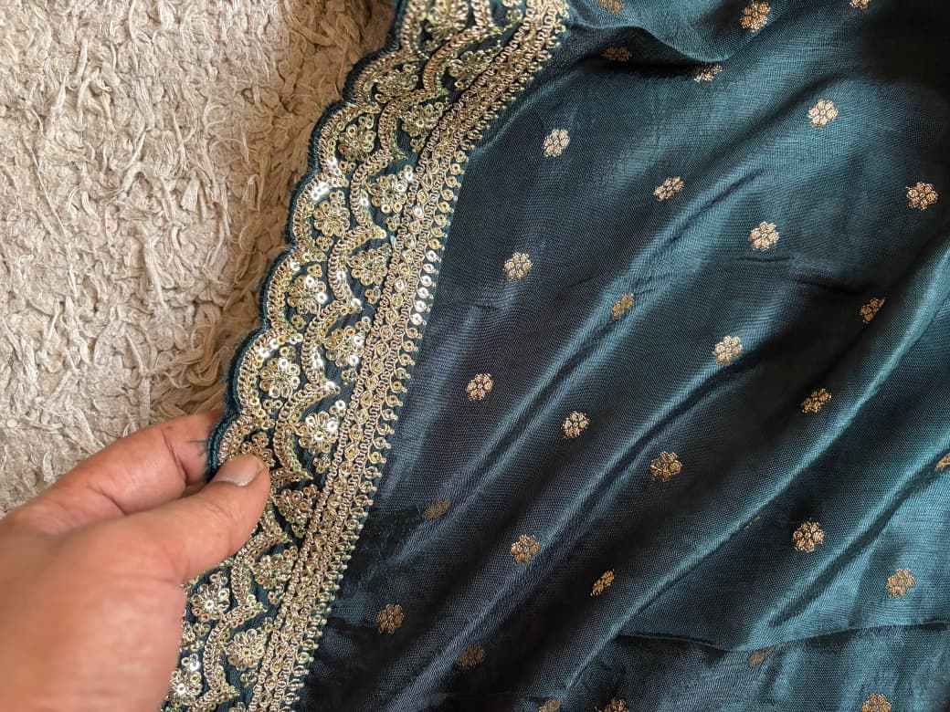 Premium Pure Organza Silk Teal Green saree with zari weaving stripes & SabyaSachi inspired scalloped Zari lace border & brocade banarsi Zari weaving bp