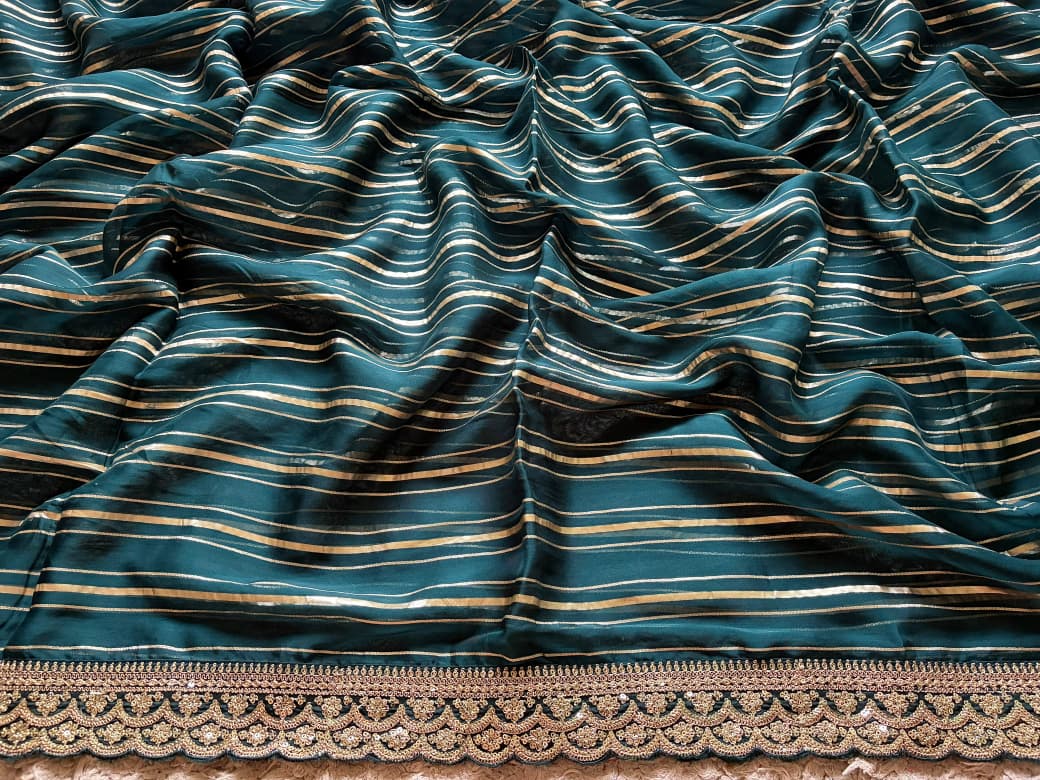 Premium Pure Organza Silk Teal Green saree with zari weaving stripes & SabyaSachi inspired scalloped Zari lace border & brocade banarsi Zari weaving bp