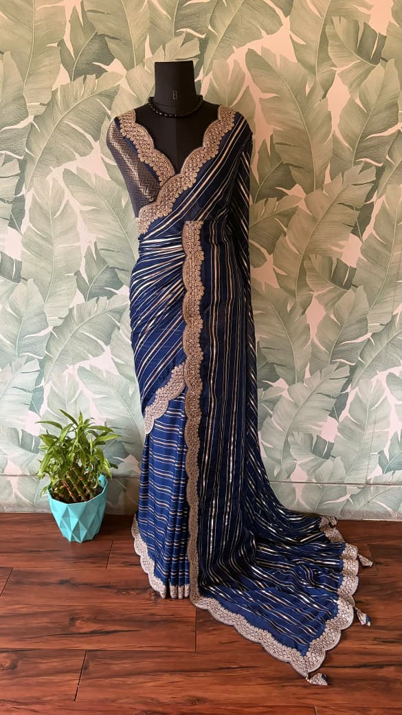 Premium Pure Organza Silk Navy Blue saree with zari weaving stripes & SabyaSachi inspired scalloped Zari lace border & brocade banarsi Zari weaving blouse piece