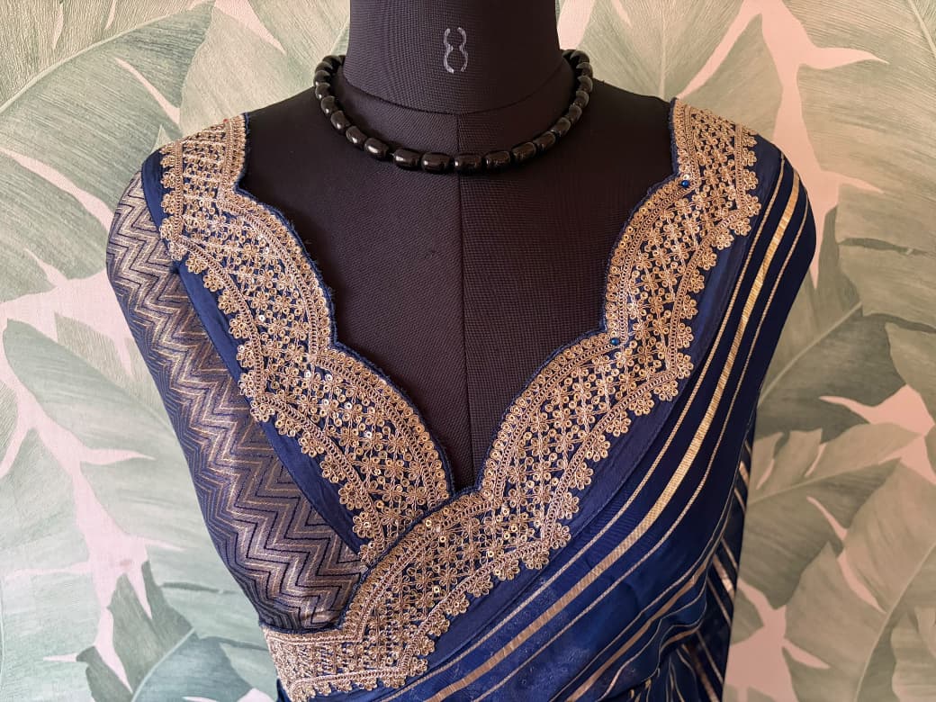 Premium Pure Organza Silk Navy Blue saree with zari weaving stripes & SabyaSachi inspired scalloped Zari lace border & brocade banarsi Zari weaving blouse piece