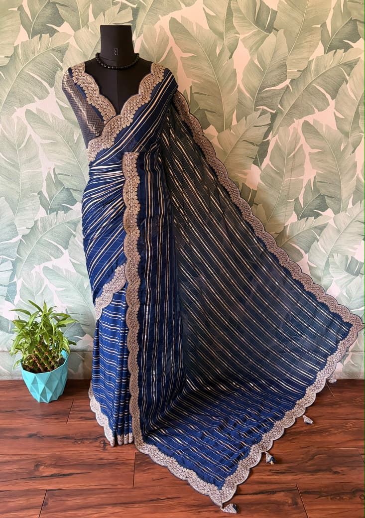 Premium Pure Organza Silk Navy Blue saree with zari weaving stripes & SabyaSachi inspired scalloped Zari lace border & brocade banarsi Zari weaving blouse piece