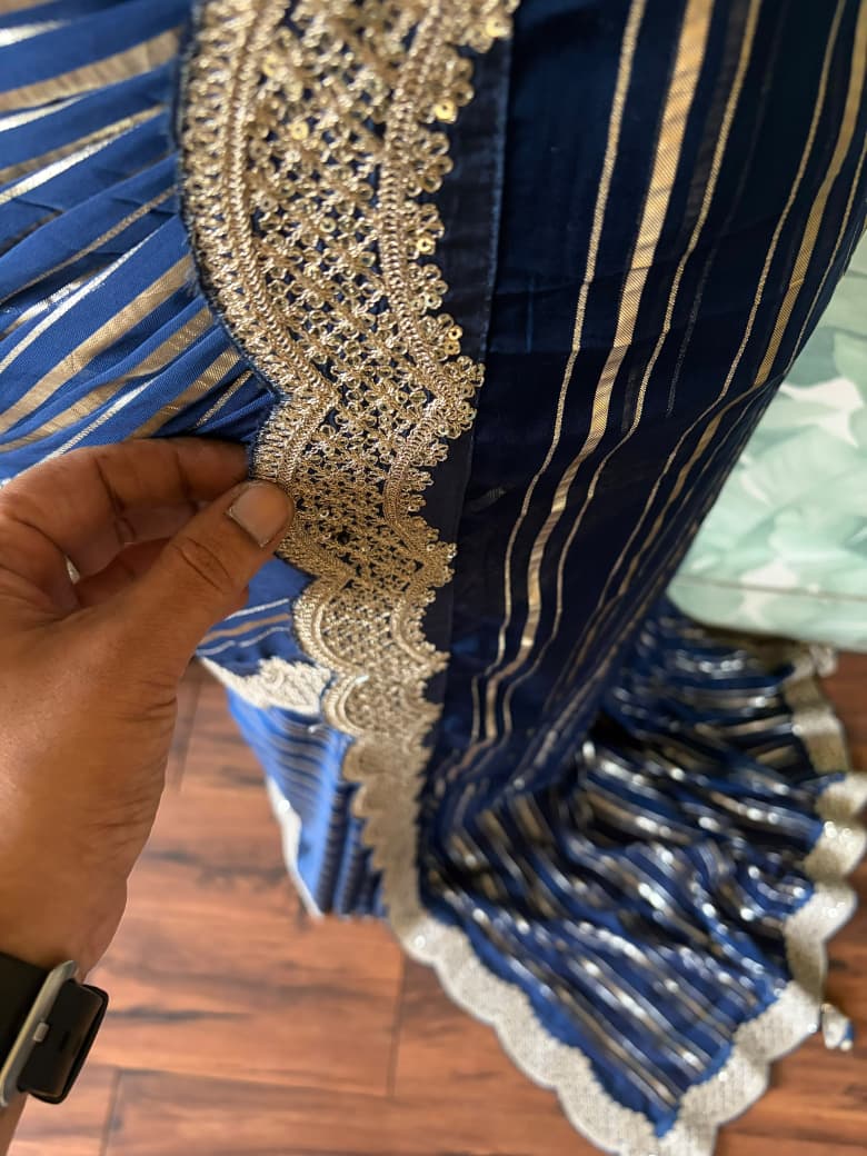 Premium Pure Organza Silk Navy Blue saree with zari weaving stripes & SabyaSachi inspired scalloped Zari lace border & brocade banarsi Zari weaving blouse piece