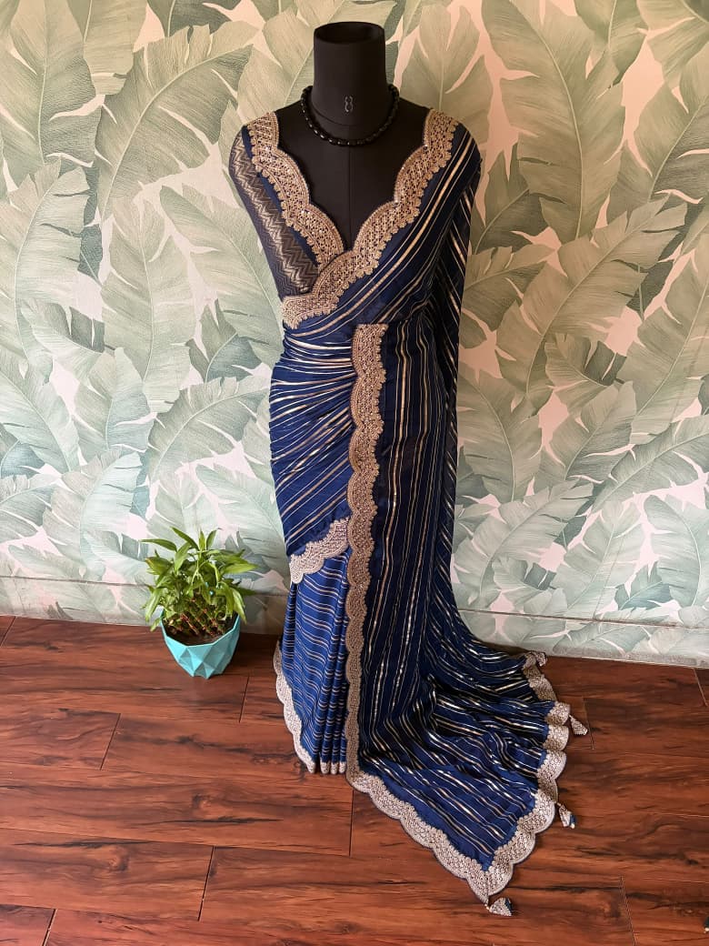 Premium Pure Organza Silk Navy Blue saree with zari weaving stripes & SabyaSachi inspired scalloped Zari lace border & brocade banarsi Zari weaving blouse piece