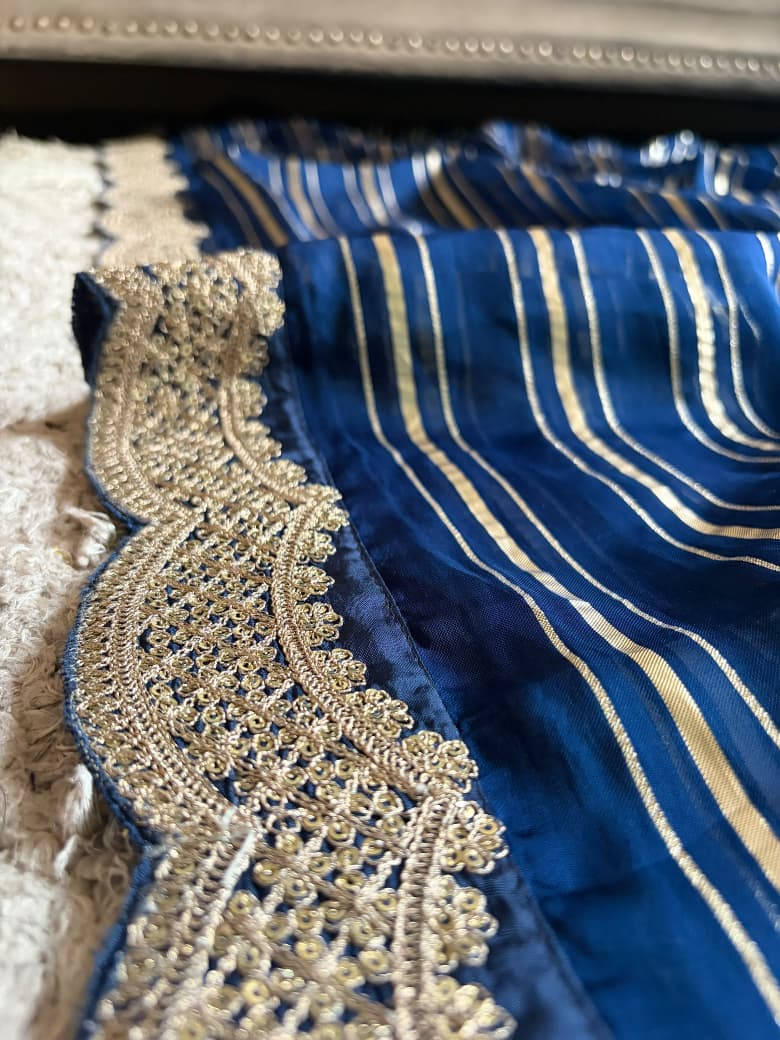 Premium Pure Organza Silk Navy Blue saree with zari weaving stripes & SabyaSachi inspired scalloped Zari lace border & brocade banarsi Zari weaving blouse piece