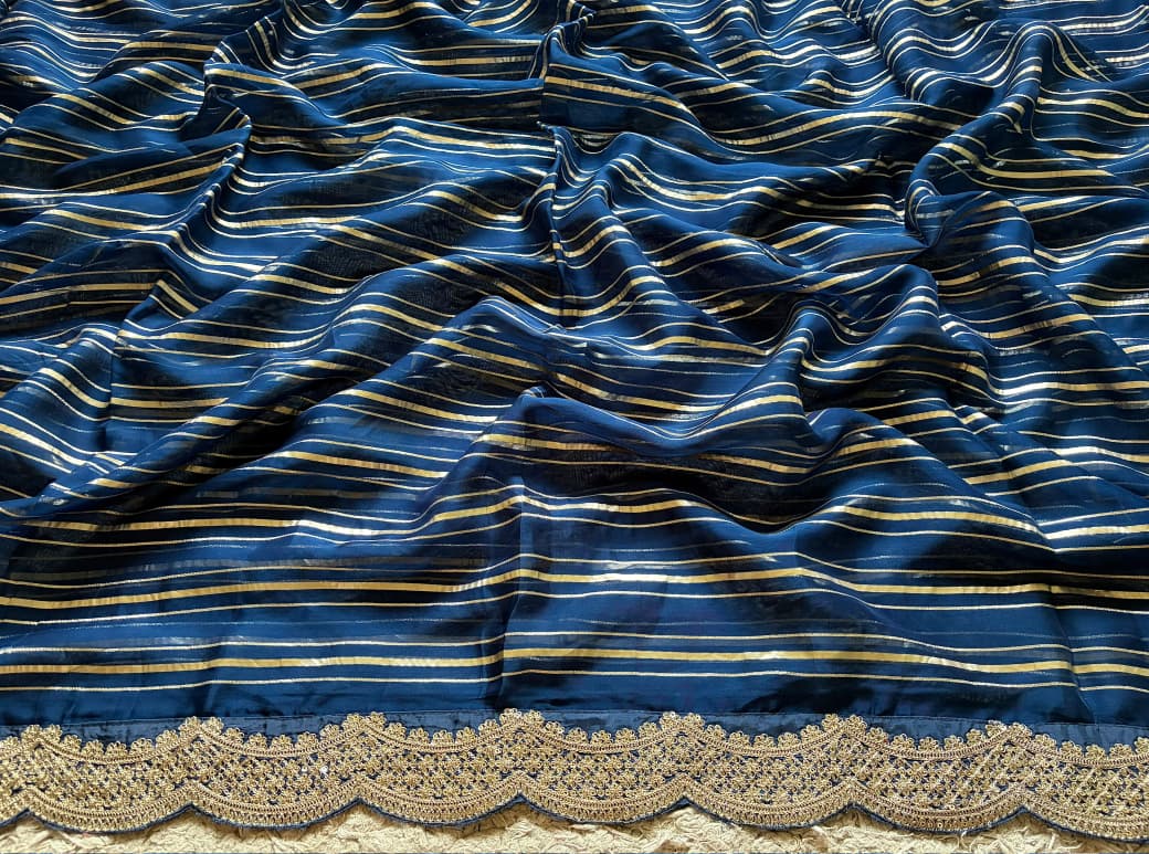 Premium Pure Organza Silk Navy Blue saree with zari weaving stripes & SabyaSachi inspired scalloped Zari lace border & brocade banarsi Zari weaving blouse piece