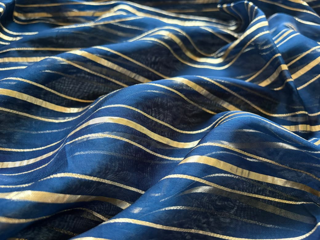 Premium Pure Organza Silk Navy Blue saree with zari weaving stripes & SabyaSachi inspired scalloped Zari lace border & brocade banarsi Zari weaving blouse piece