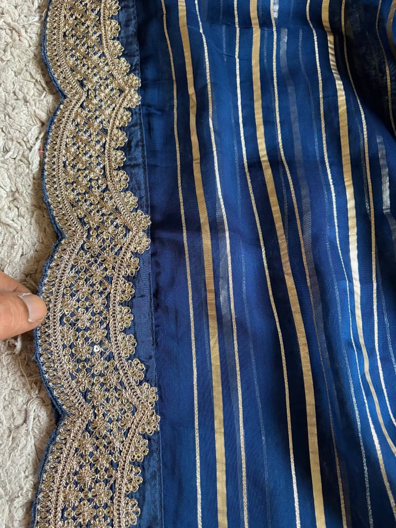 Premium Pure Organza Silk Navy Blue saree with zari weaving stripes & SabyaSachi inspired scalloped Zari lace border & brocade banarsi Zari weaving blouse piece