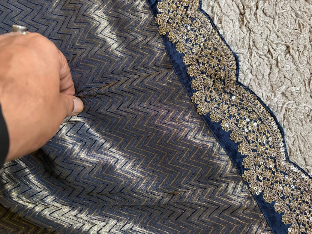 Premium Pure Organza Silk Navy Blue saree with zari weaving stripes & SabyaSachi inspired scalloped Zari lace border & brocade banarsi Zari weaving blouse piece