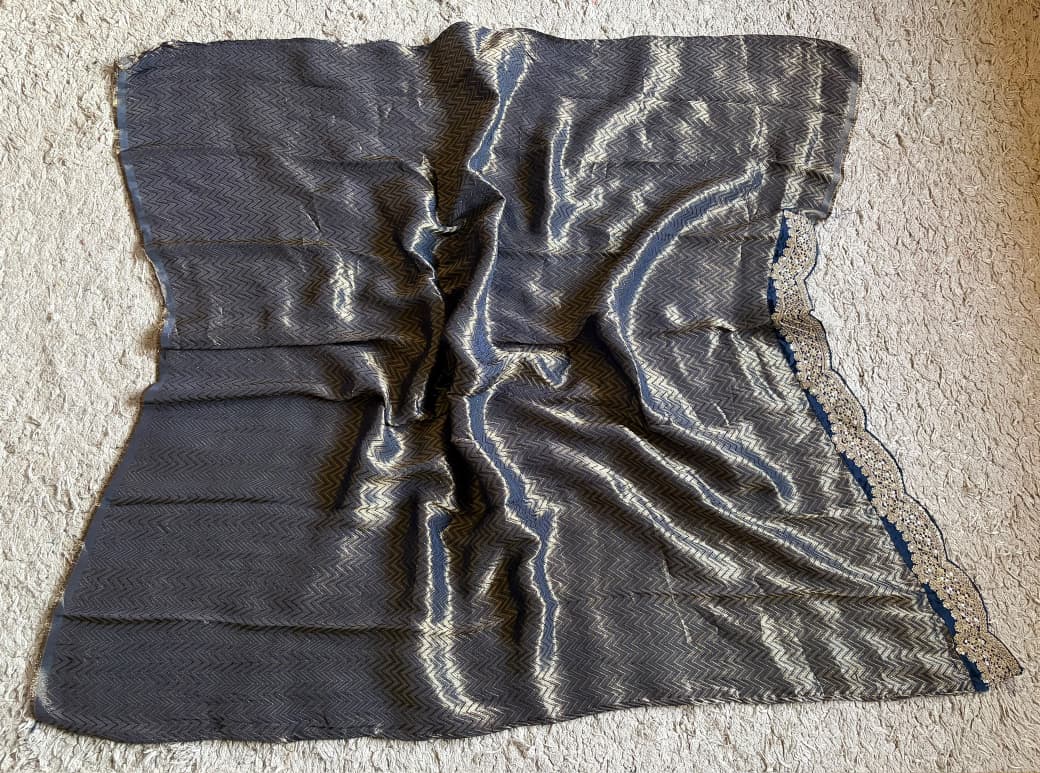 Premium Pure Organza Silk Navy Blue saree with zari weaving stripes & SabyaSachi inspired scalloped Zari lace border & brocade banarsi Zari weaving blouse piece