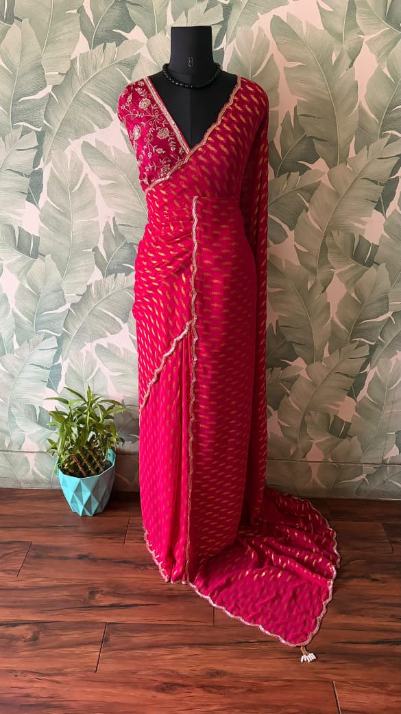 Premium Pure Georgette Silk Fuchsia Pink saree with banarasi zari weaving motifs embellished with zardozi cut daana handwork & heavy jaal handwork bp