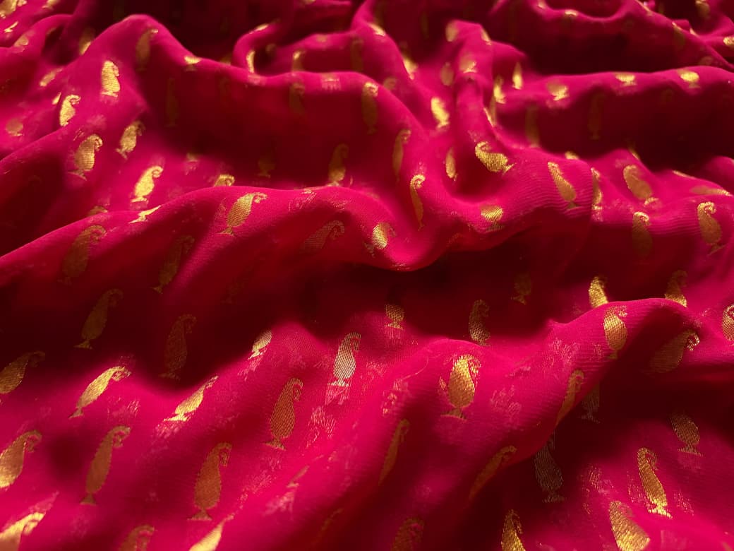 Premium Pure Georgette Silk Fuchsia Pink saree with banarasi zari weaving motifs embellished with zardozi cut daana handwork & heavy jaal handwork bp