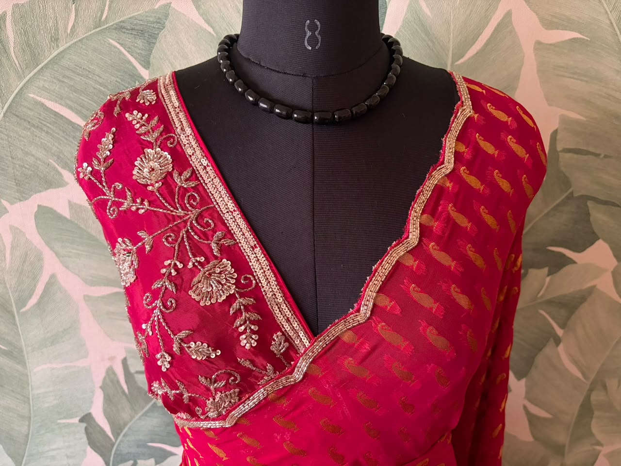 Premium Pure Georgette Silk Fuchsia Pink saree with banarasi zari weaving motifs embellished with zardozi cut daana handwork & heavy jaal handwork bp