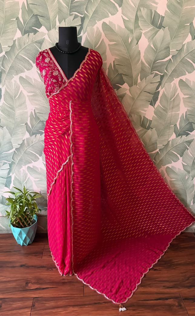 Premium Pure Georgette Silk Fuchsia Pink saree with banarasi zari weaving motifs embellished with zardozi cut daana handwork & heavy jaal handwork bp
