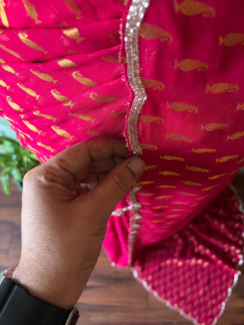 Premium Pure Georgette Silk Fuchsia Pink saree with banarasi zari weaving motifs embellished with zardozi cut daana handwork & heavy jaal handwork bp