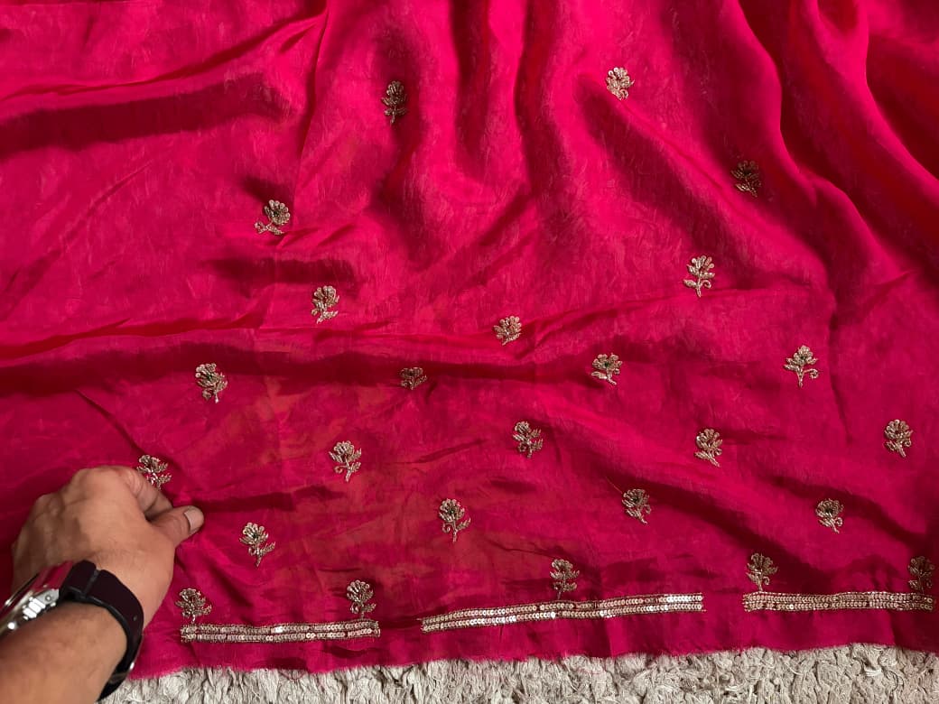 Premium Pure Georgette Silk Fuchsia Pink saree with banarasi zari weaving motifs embellished with zardozi cut daana handwork & heavy jaal handwork bp