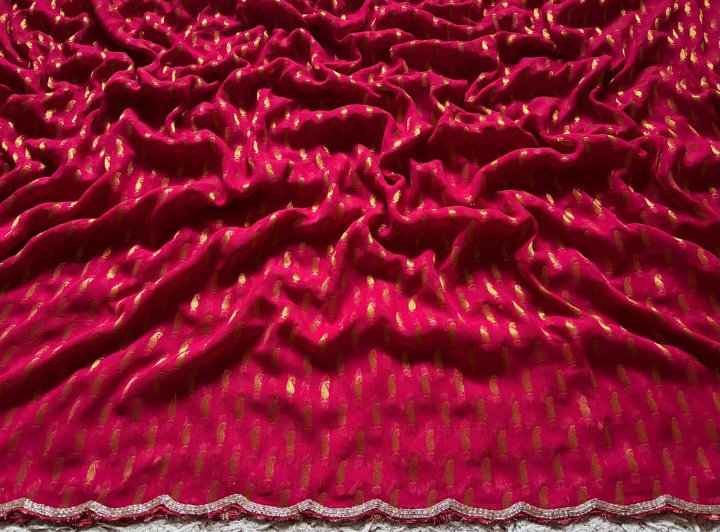 Premium Pure Georgette Silk Fuchsia Pink saree with banarasi zari weaving motifs embellished with zardozi cut daana handwork & heavy jaal handwork bp