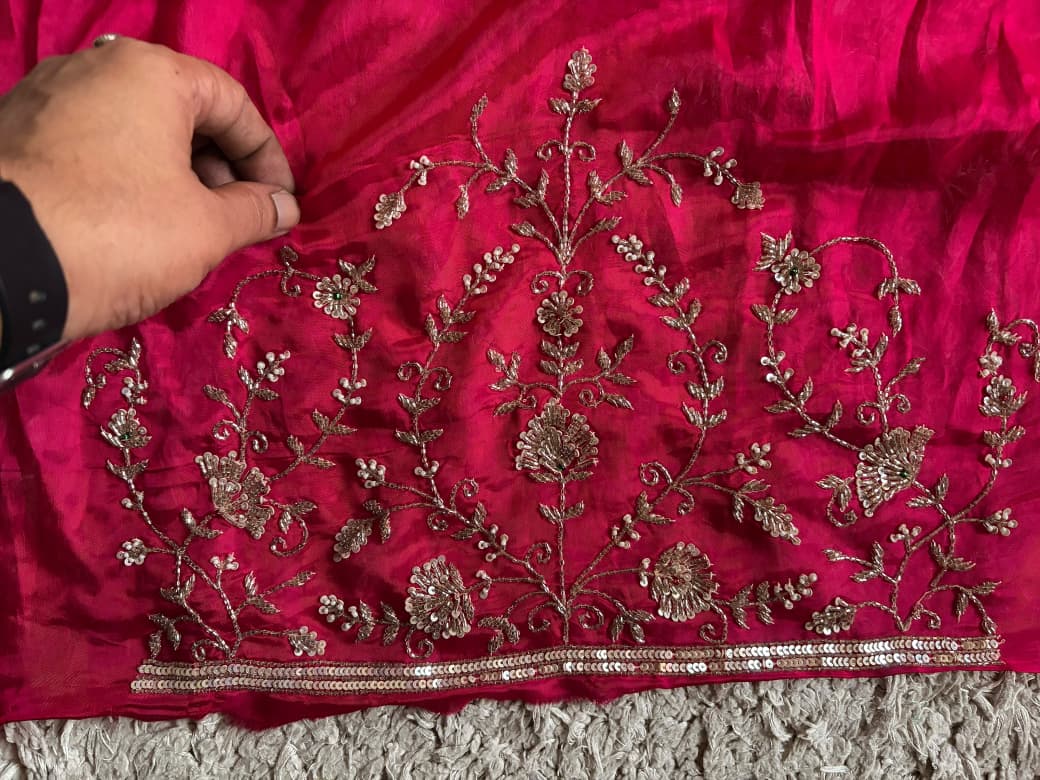 Premium Pure Georgette Silk Fuchsia Pink saree with banarasi zari weaving motifs embellished with zardozi cut daana handwork & heavy jaal handwork bp