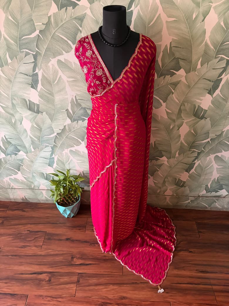 Premium Pure Georgette Silk Fuchsia Pink saree with banarasi zari weaving motifs embellished with zardozi cut daana handwork & heavy jaal handwork bp
