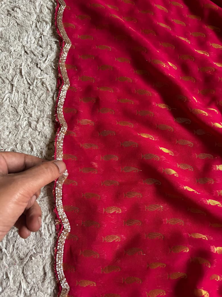 Premium Pure Georgette Silk Fuchsia Pink saree with banarasi zari weaving motifs embellished with zardozi cut daana handwork & heavy jaal handwork bp