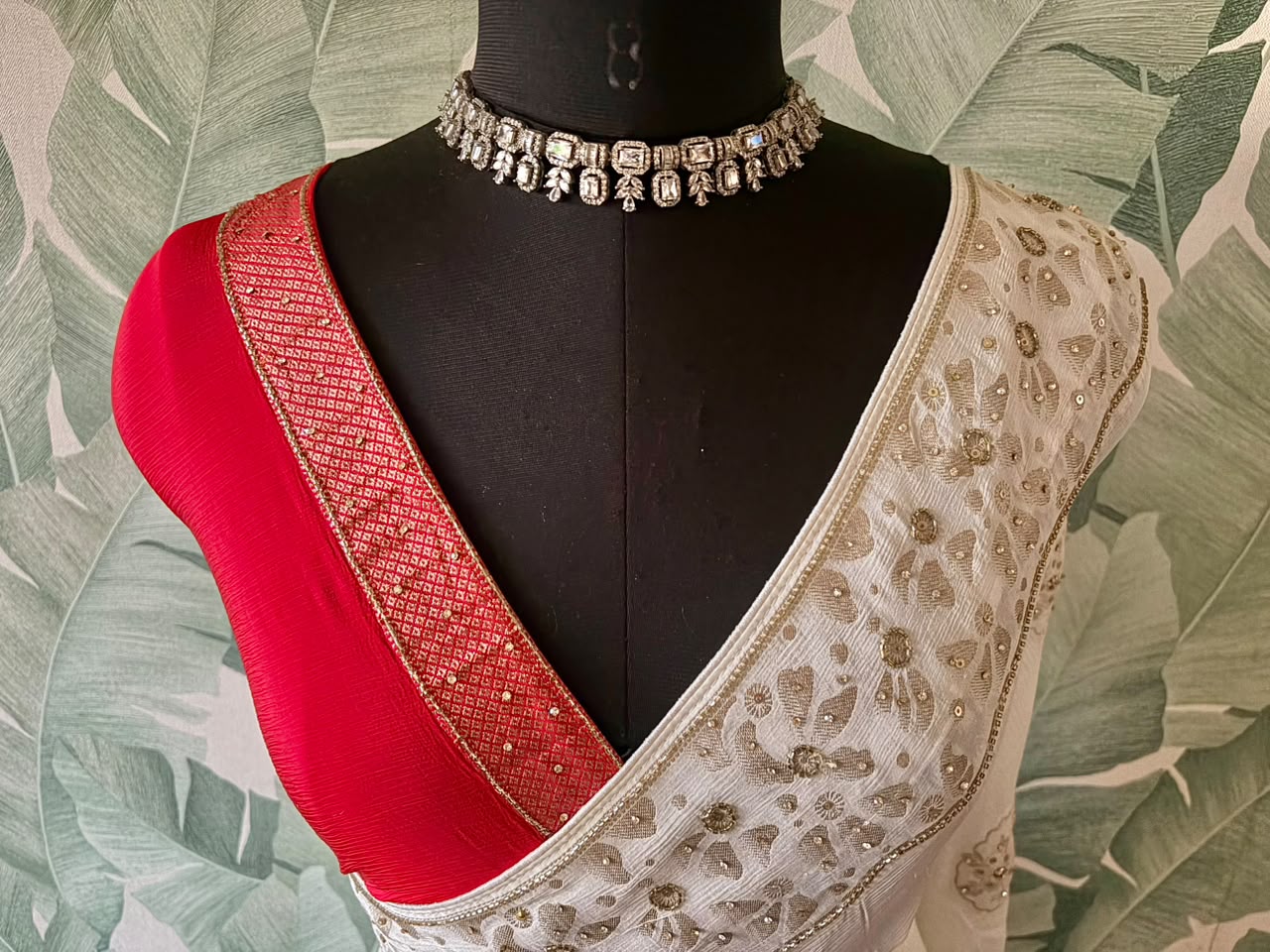 Premium Pure Chinnon Silk saree with rich banarasi zari weaving floral motifs embellished with stone cut daana handwork