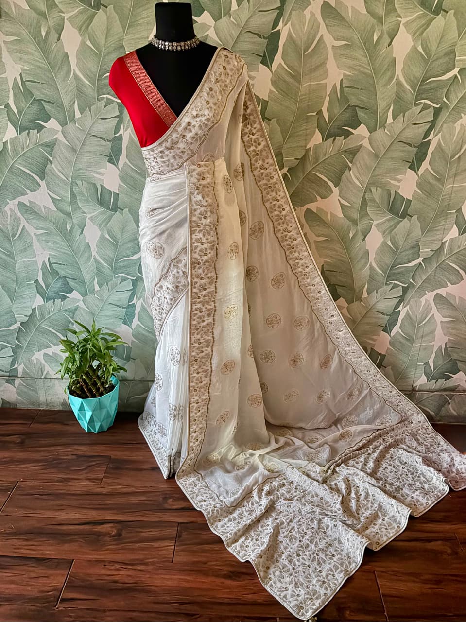 Premium Pure Chinnon Silk saree with rich banarasi zari weaving floral motifs embellished with stone cut daana handwork