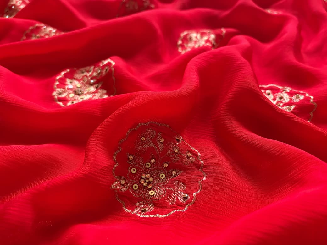 Premium Pure Chinnon Silk Red saree with rich banarasi zari weaving floral motifs embellished with stone cut daana handwork & contrast/running bp