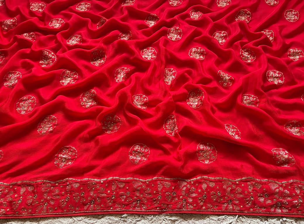 Premium Pure Chinnon Silk Red saree with rich banarasi zari weaving floral motifs embellished with stone cut daana handwork & contrast/running bp