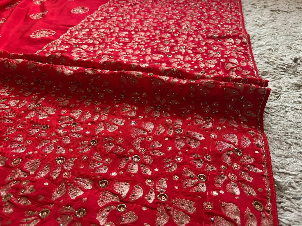 Premium Pure Chinnon Silk Red saree with rich banarasi zari weaving floral motifs embellished with stone cut daana handwork & contrast/running bp