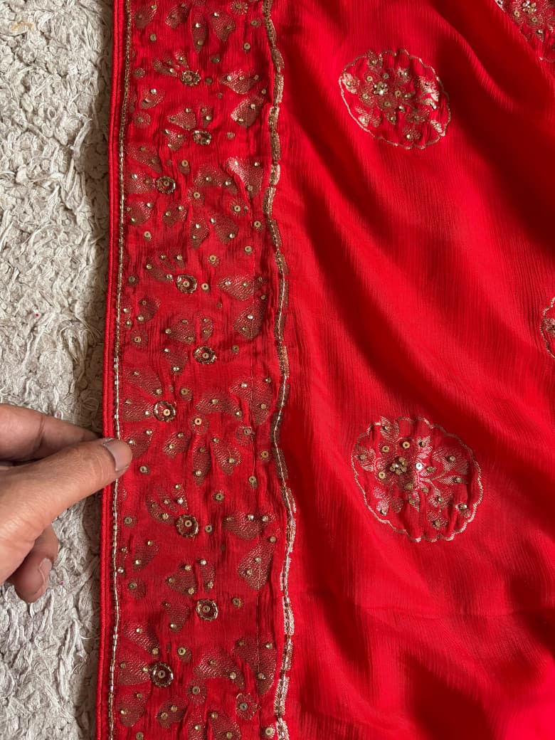 Premium Pure Chinnon Silk Red saree with rich banarasi zari weaving floral motifs embellished with stone cut daana handwork & contrast/running bp