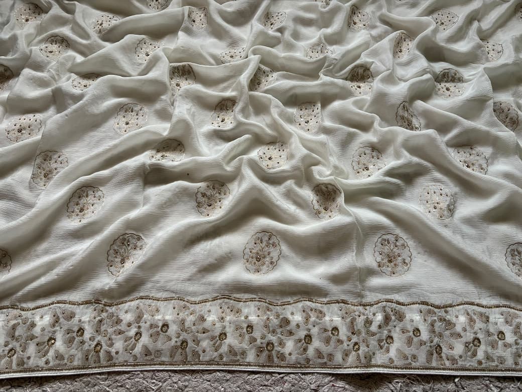 Premium Pure Chinnon Silk saree with rich banarasi zari weaving floral motifs embellished with stone cut daana handwork