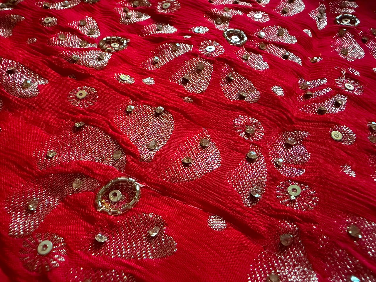 Premium Pure Chinnon Silk Red saree with rich banarasi zari weaving floral motifs embellished with stone cut daana handwork & contrast/running bp