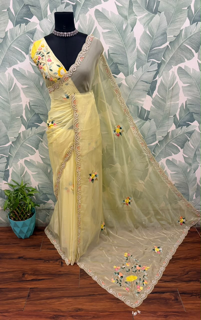 Premium Pure Yellow Organza Silk saree embellished with resham thread pearl cut daana handwork & pure Russian silk handwork