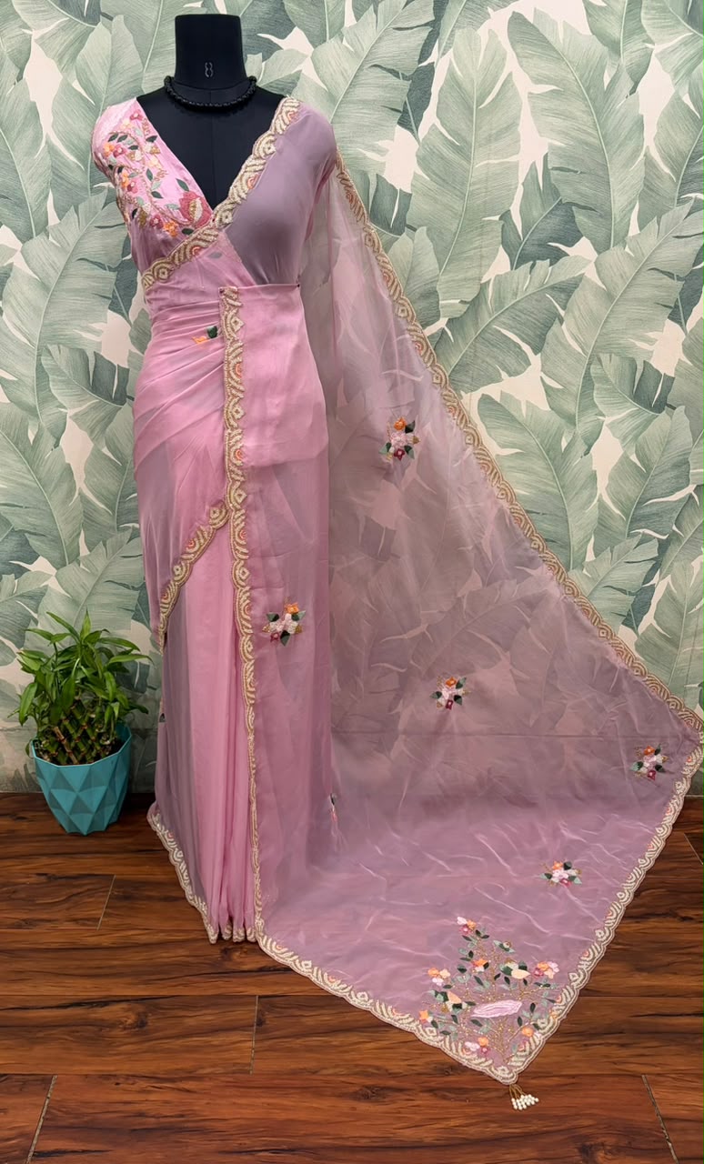 Premium Pure Organza Pink Silk saree embellished with resham thread pearl cut daana handwork & pure Russian silk handwork