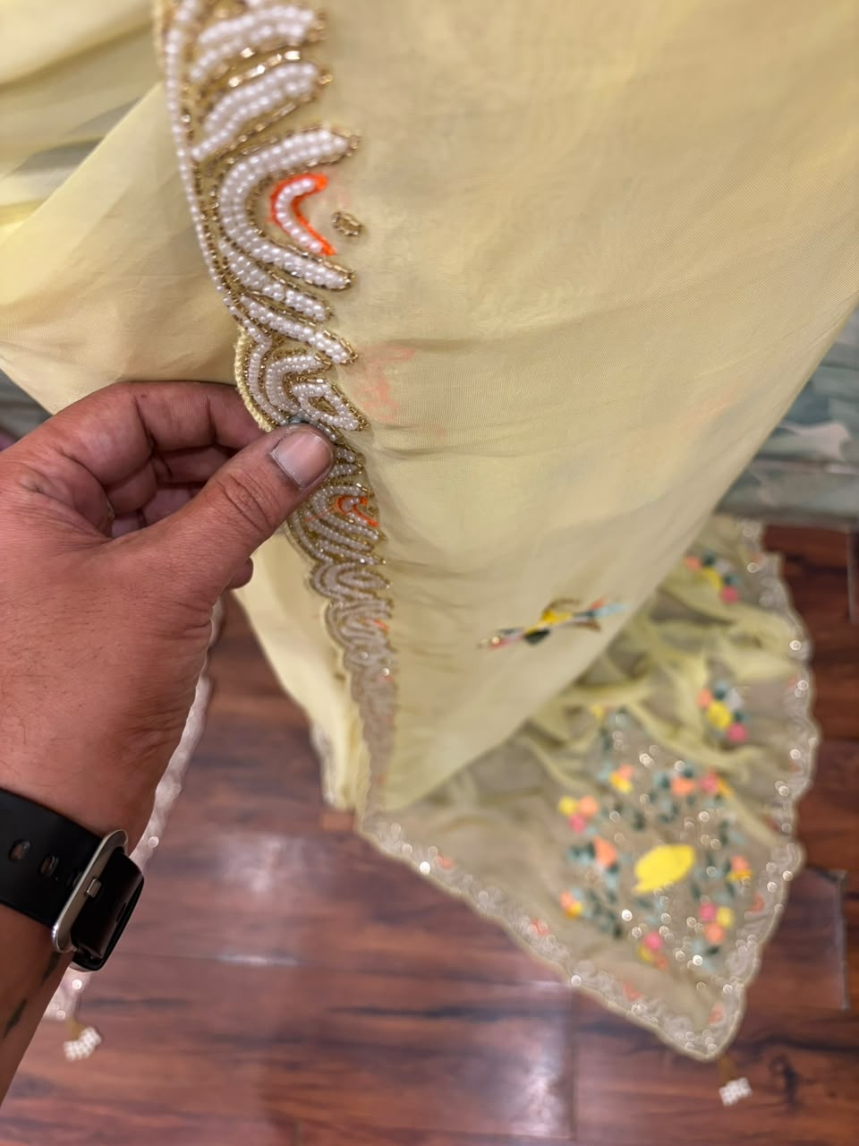 Premium Pure Yellow Organza Silk saree embellished with resham thread pearl cut daana handwork & pure Russian silk handwork