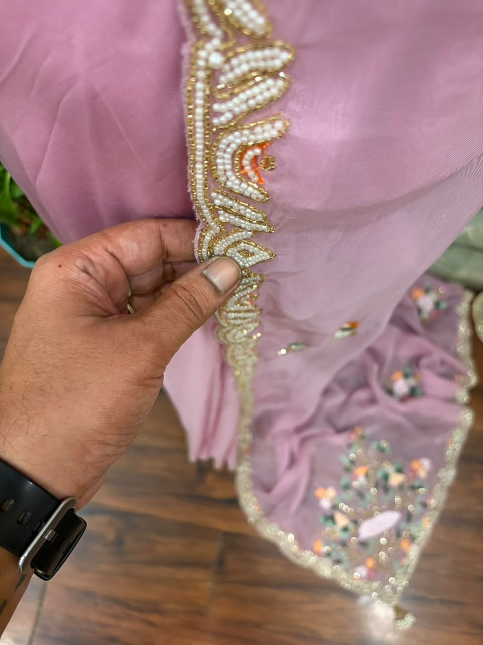 Premium Pure Organza Pink Silk saree embellished with resham thread pearl cut daana handwork & pure Russian silk handwork