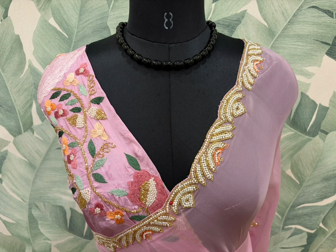 Premium Pure Organza Pink Silk saree embellished with resham thread pearl cut daana handwork & pure Russian silk handwork
